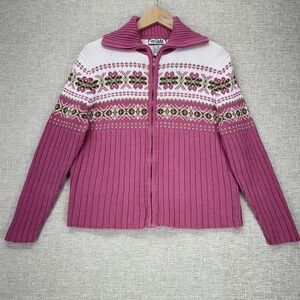 Vintage Tiara International Sweater Womens Medium Pink Fair Isle Full Zip Knit